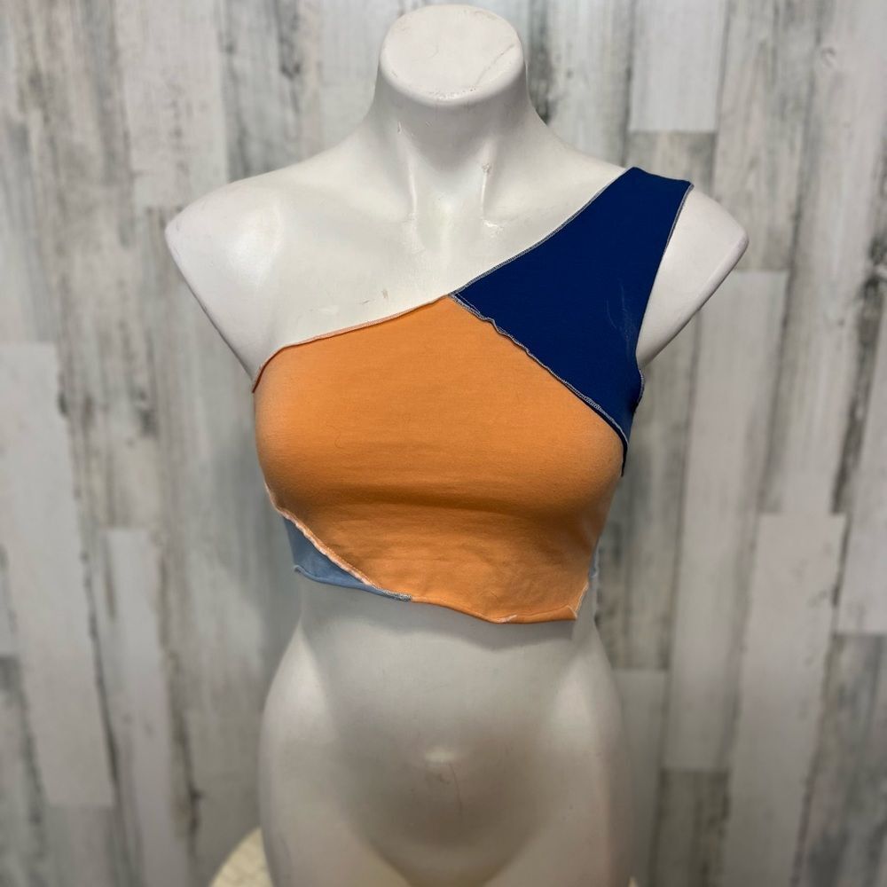 Color Block One Shoulder Crop Top Womens Size Small Orange Blue Raw Hem Festival